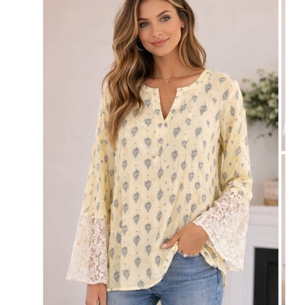 KORI AMERICA Boho Lace Sleeve Yellow Notched Neck Long Sleeve Top M NWOT